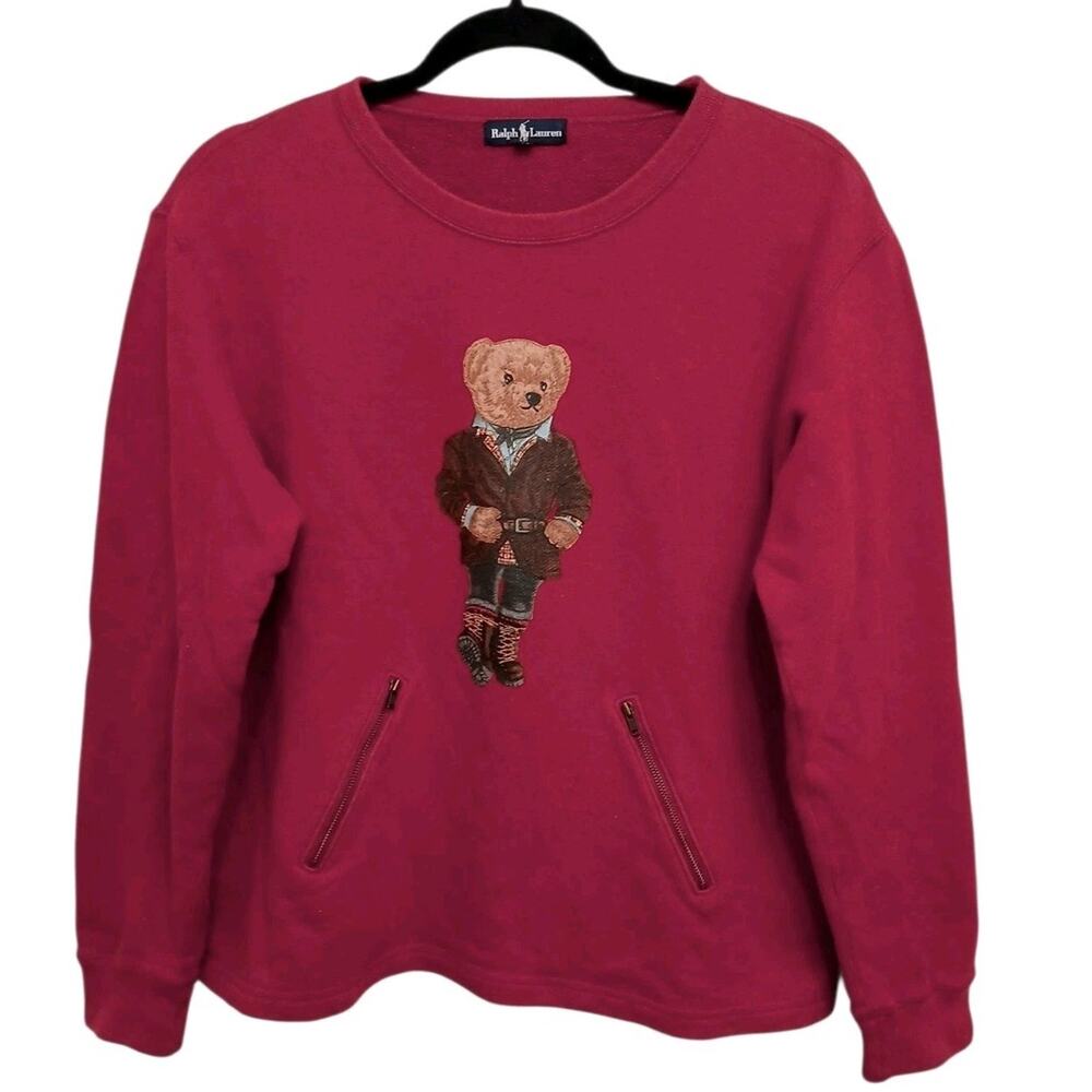 Rare Vintage Ralph‎ Lauren Teddy Bear Sweatshirt Sz M Red Zip Pockets Preppy